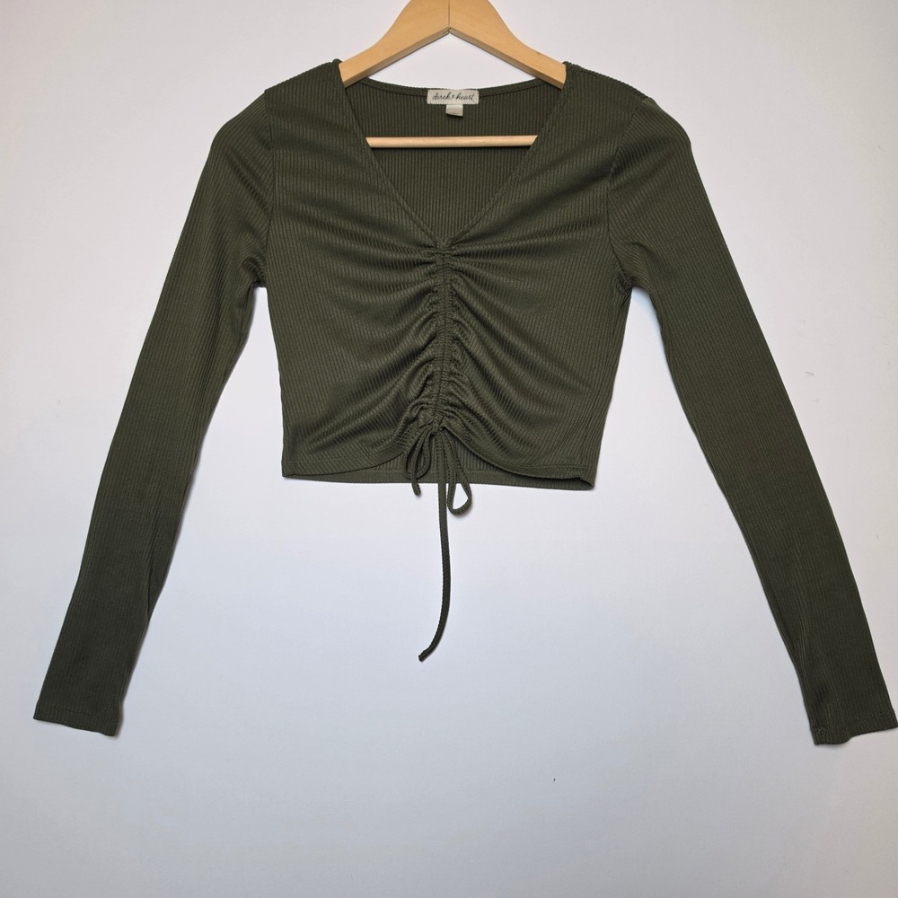 Derek Heart Ruched Drawstring Front Ribbed Long Sleeve Olive Green Top Small